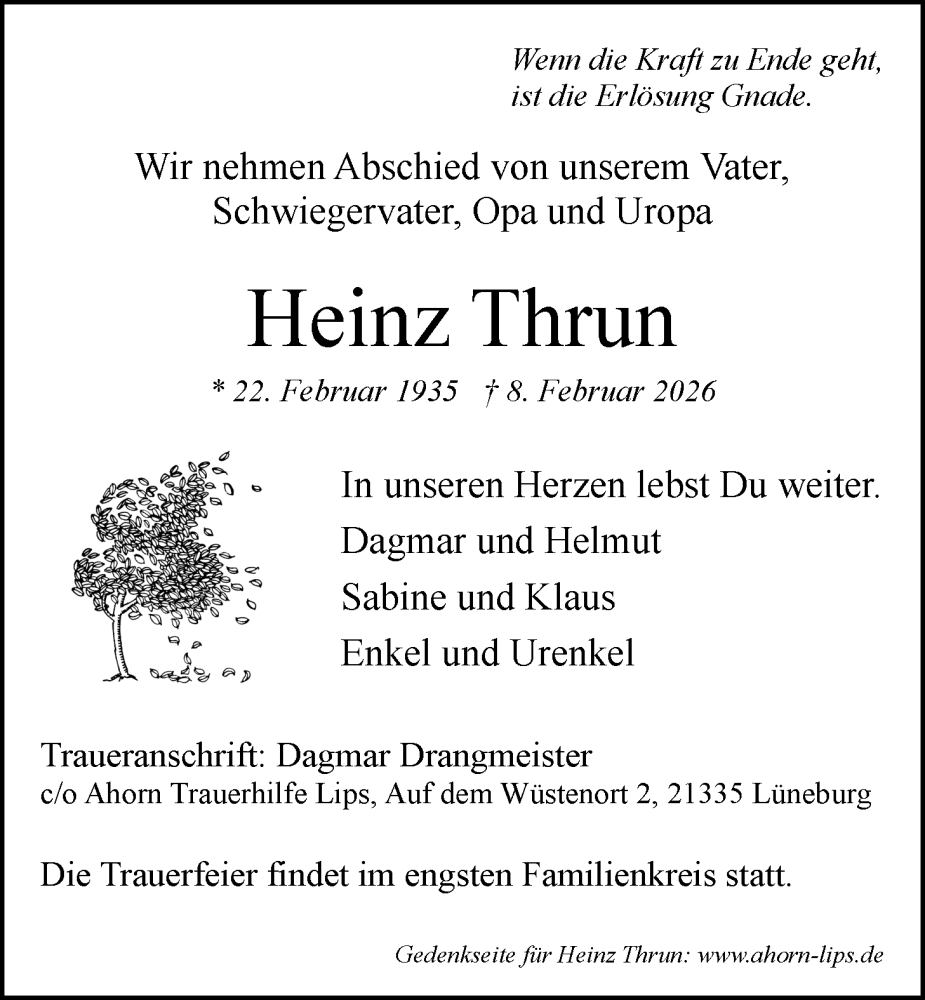  Traueranzeige für Heinz Thrun vom 14.02.2026 aus LZ