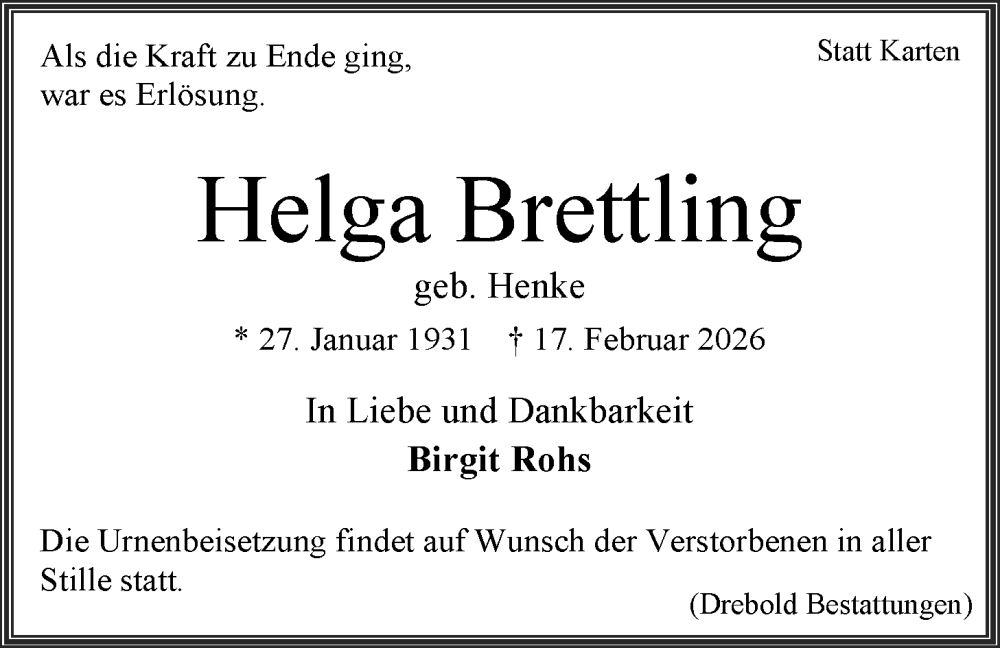  Traueranzeige für Helga Brettling vom 21.02.2026 aus LZ