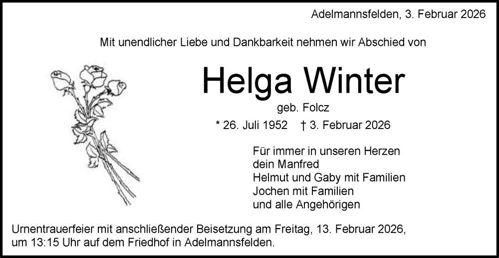  Traueranzeige für Helga Winter vom 07.02.2026 aus Schwäbische Post