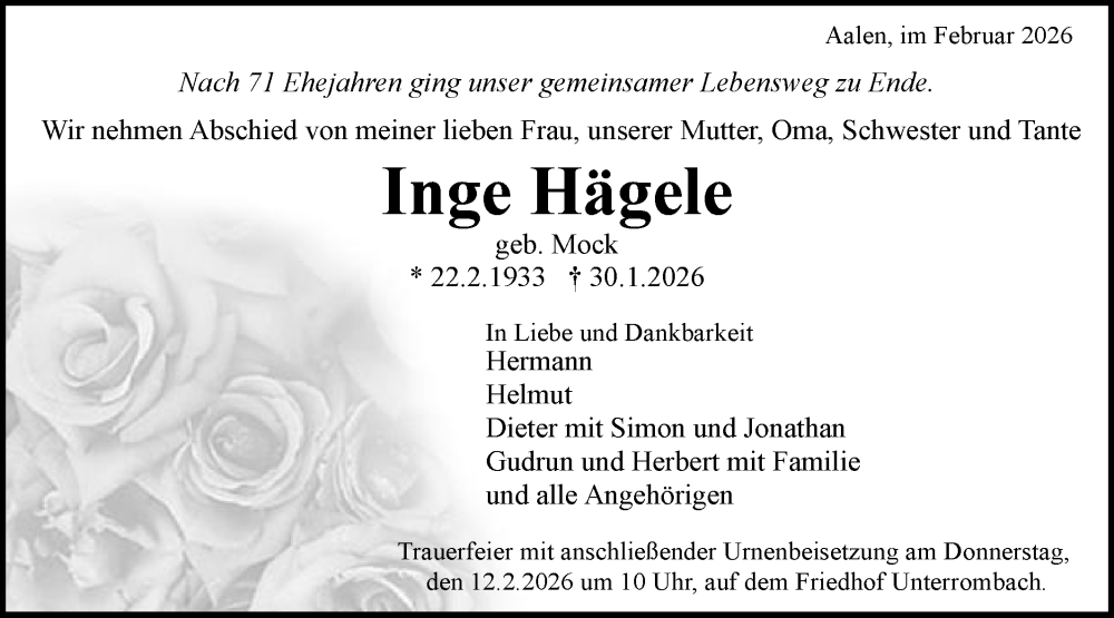  Traueranzeige für Inge Hägele vom 07.02.2026 aus Schwäbische Post