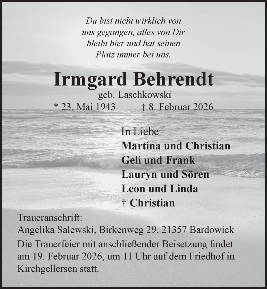  Traueranzeige für Irmgard Behrendt vom 14.02.2026 aus LZ