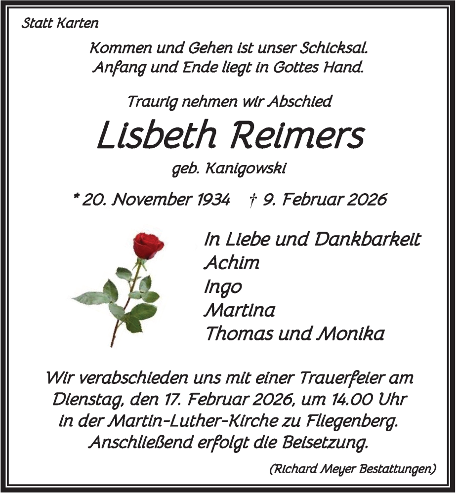  Traueranzeige für Lisbeth Reimers vom 14.02.2026 aus LZ