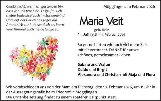Anzeige von Maria Veit von Gmünder Tagespost