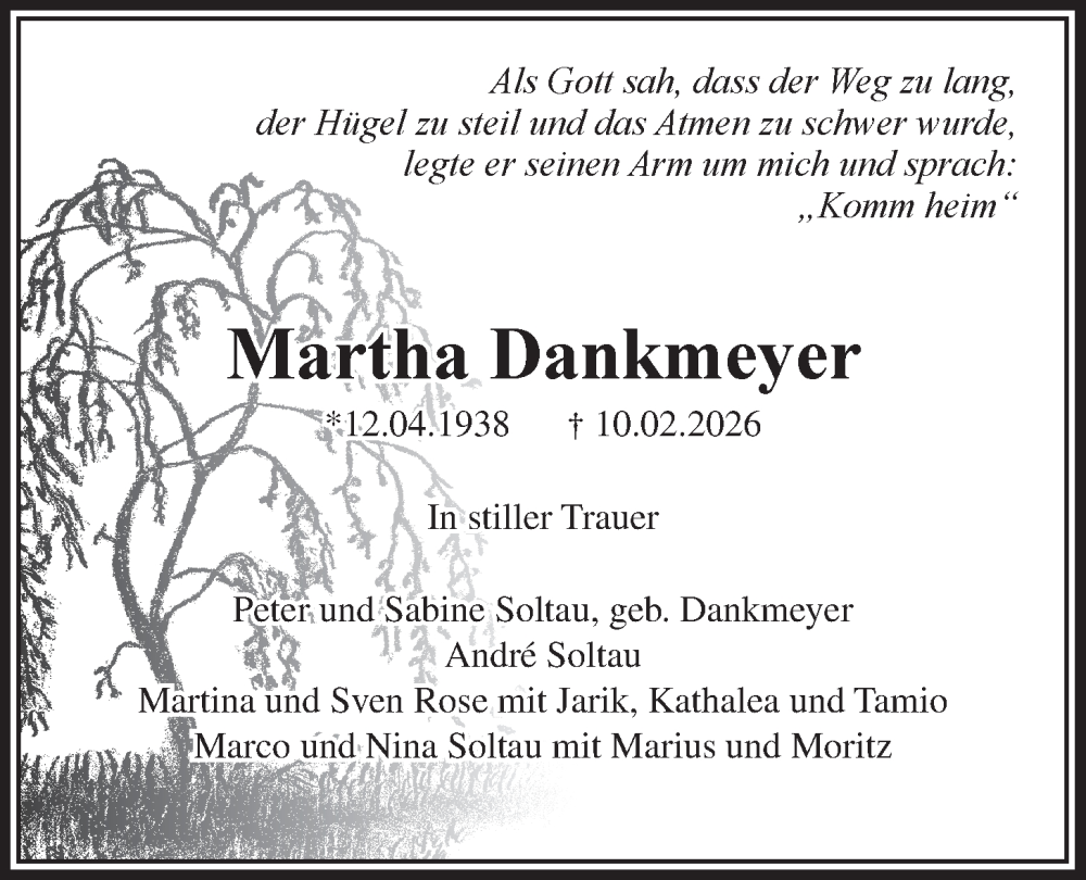  Traueranzeige für Martha Dankmeyer vom 14.02.2026 aus LZ
