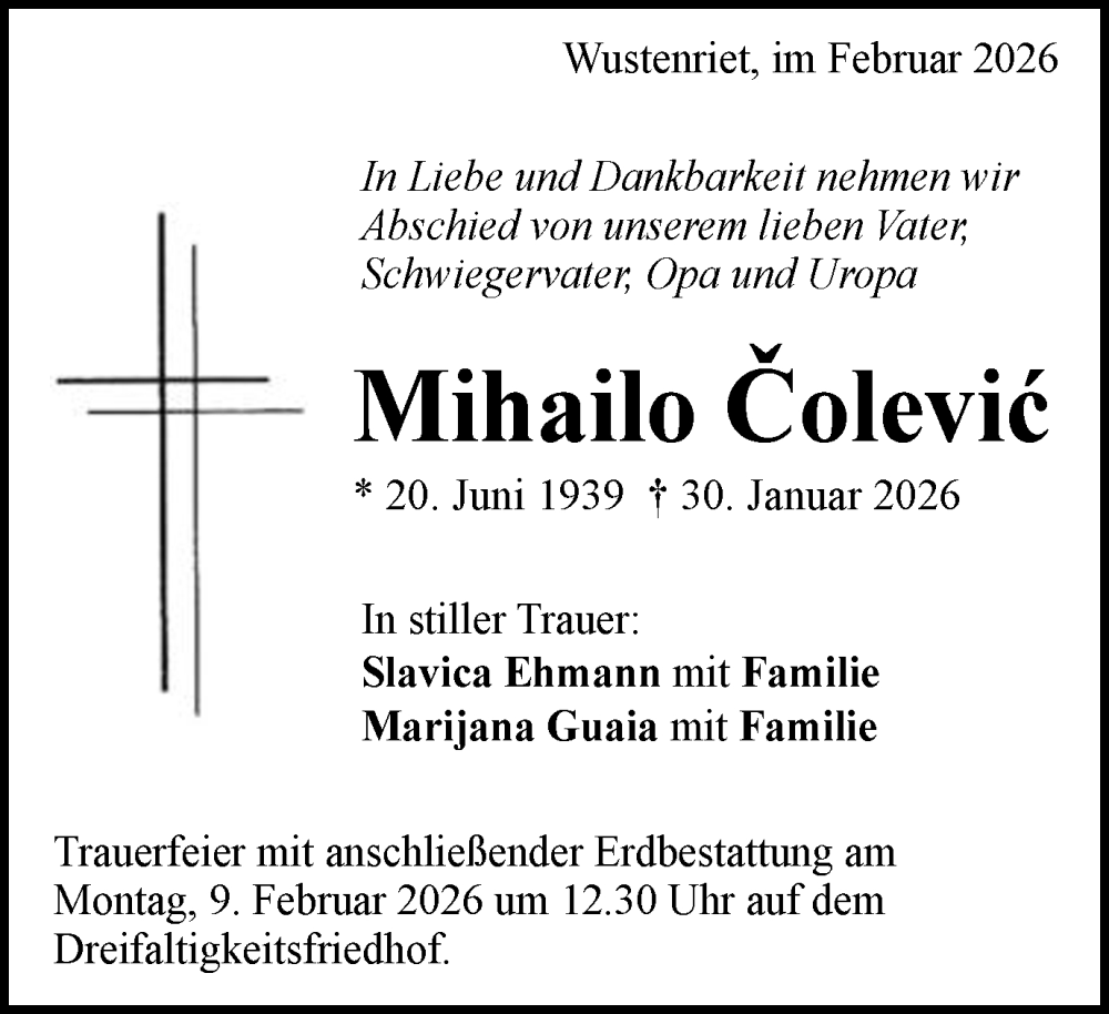  Traueranzeige für Mihailo Colević vom 07.02.2026 aus Gmünder Tagespost