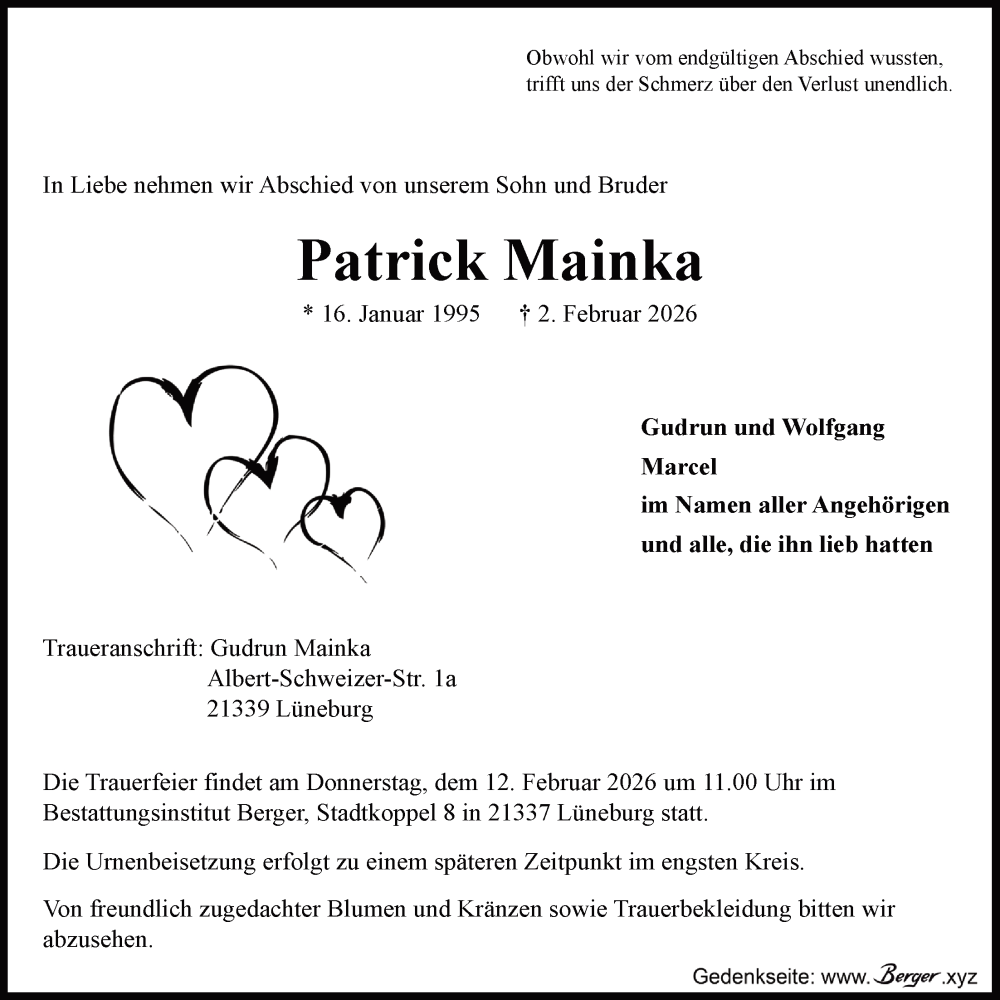  Traueranzeige für Patrick Mainka vom 07.02.2026 aus LZ