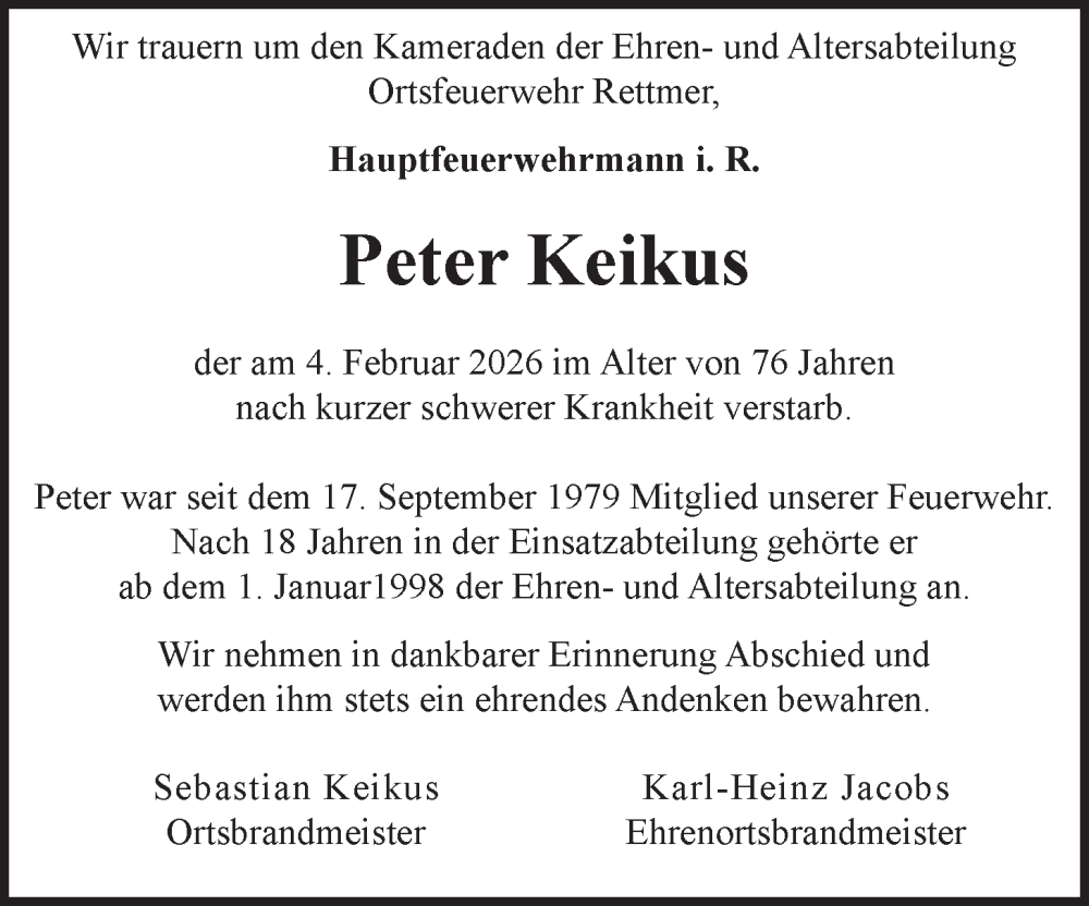  Traueranzeige für Peter Keikus vom 07.02.2026 aus LZ