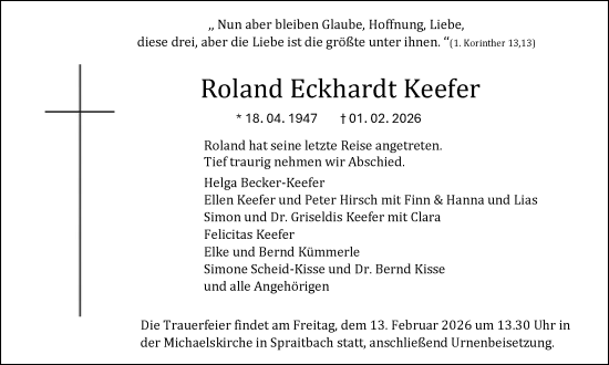 Anzeige von Roland Eckhardt Keefer von Gmünder Tagespost