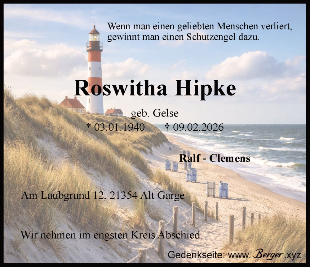  Traueranzeige für Roswitha Hipke vom 14.02.2026 aus LZ