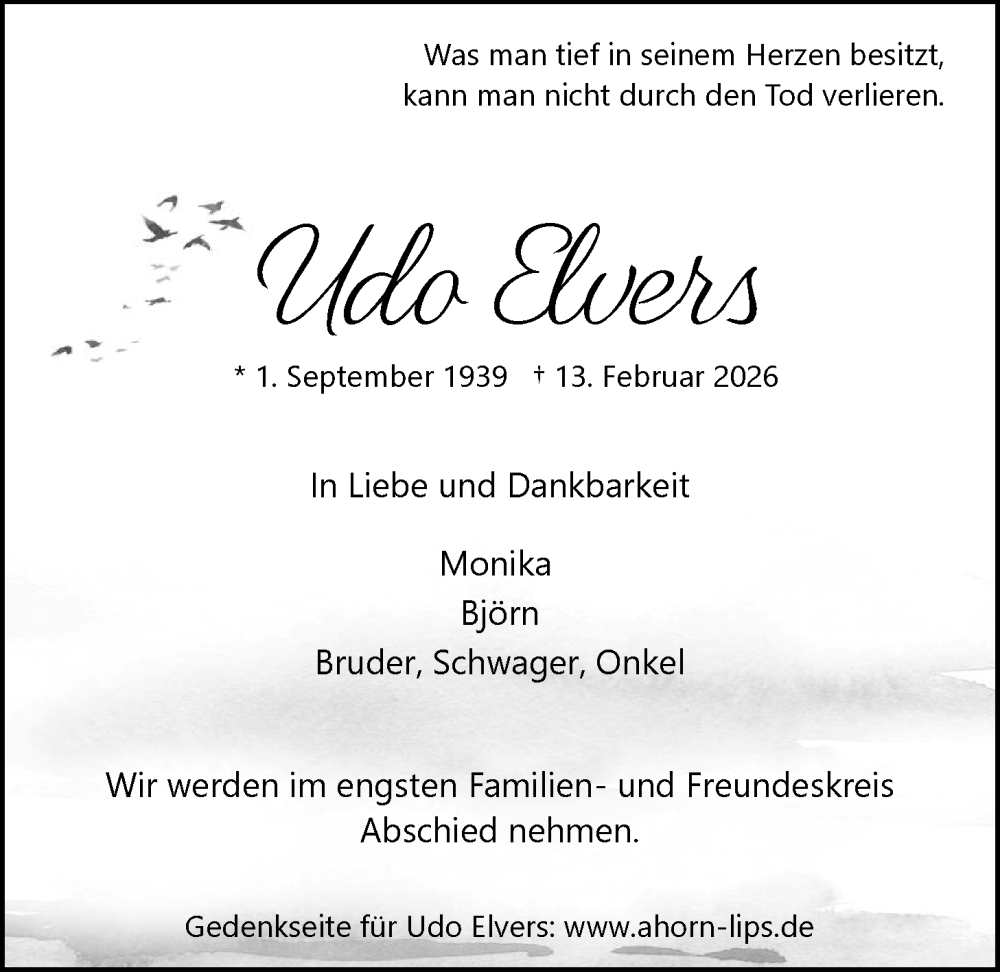  Traueranzeige für Udo Elvers vom 21.02.2026 aus LZ