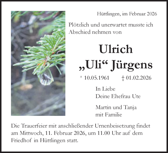 Anzeige von Ulrich Jürgens von Schwäbische Post