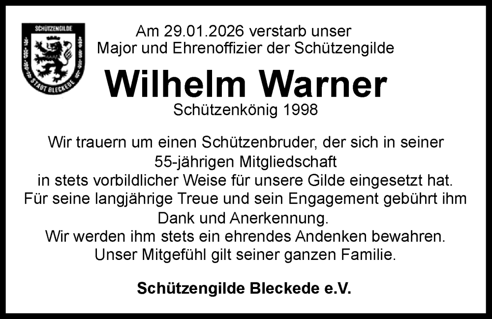  Traueranzeige für Wilhelm Warner vom 31.01.2026 aus LZ