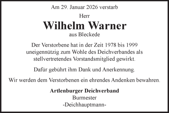 Anzeige von Wilhelm Warner von LZ