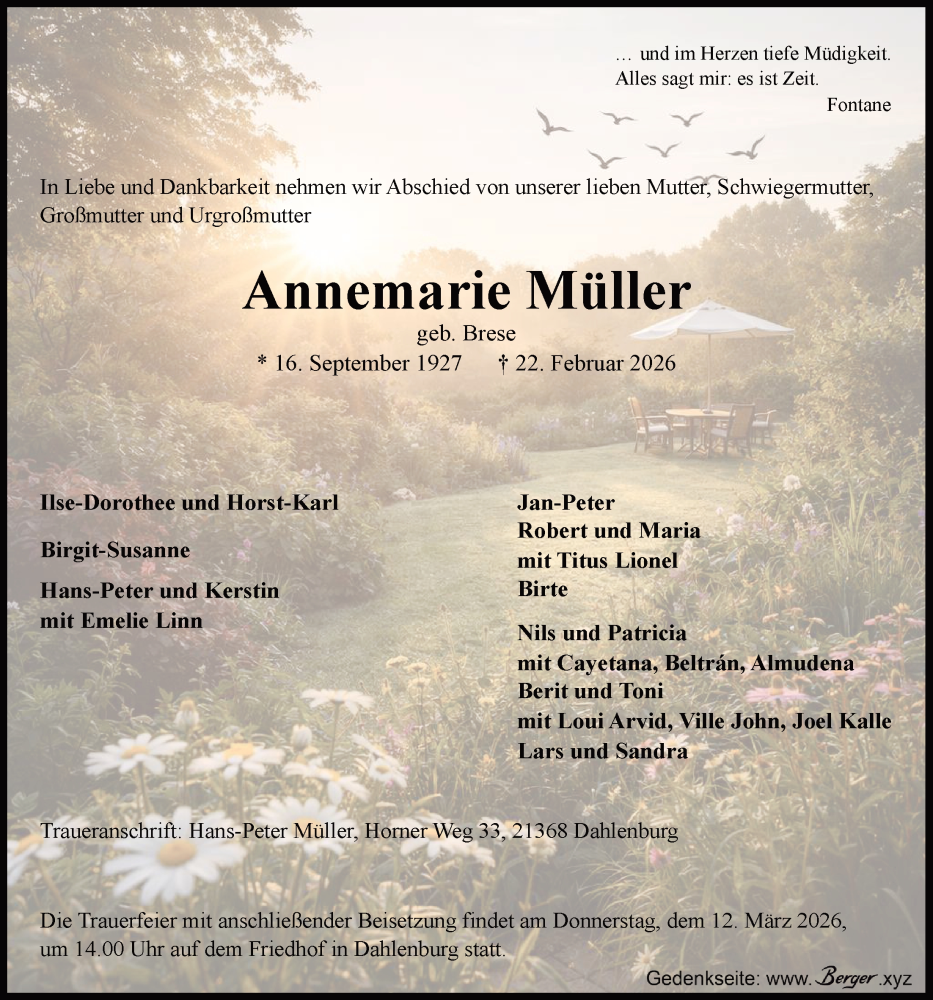  Traueranzeige für Annemarie Müller vom 28.02.2026 aus LZ