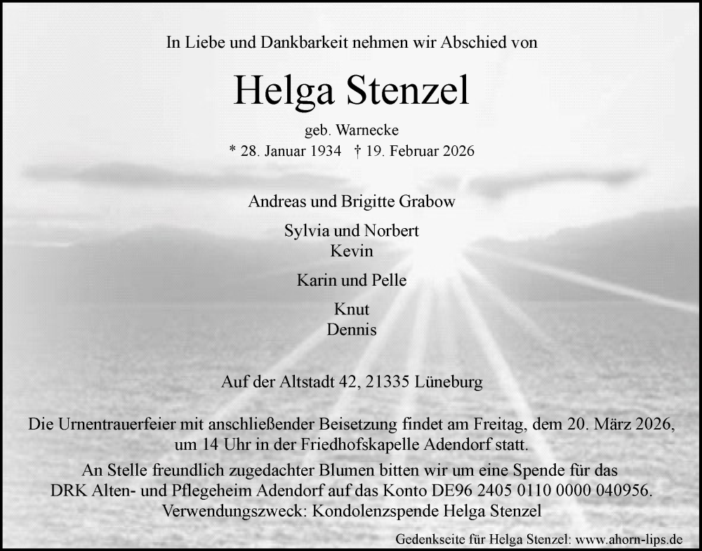  Traueranzeige für Helga Stenzel vom 28.02.2026 aus LZ