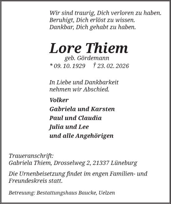 Anzeige von Lore Thiem von LZ