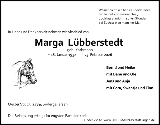 Anzeige von Marga Lübberstedt von LZ