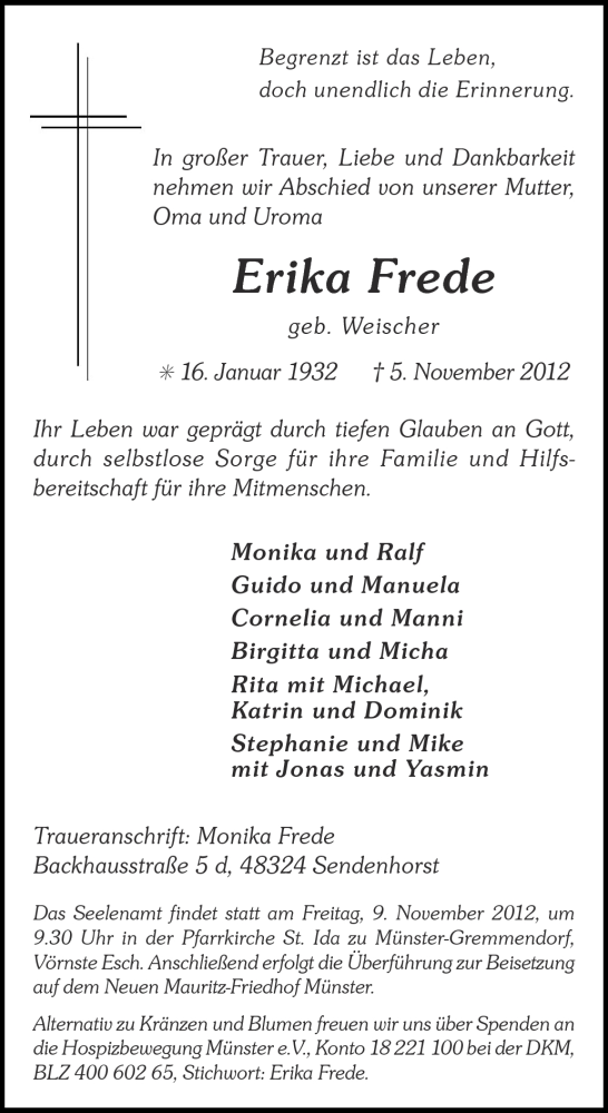  Traueranzeige für Adelheid Veleba vom 07.11.2012 aus Münstersche Zeitung und Grevener Zeitung
